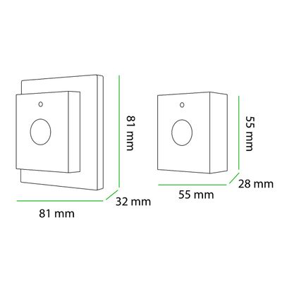 Diagramm mit zwei LED-Kontrolleinheiten; eine 81x81x32 mm, die andere 55x55x28 mm, beide mit einem runden Knopf auf der Vorderseite.