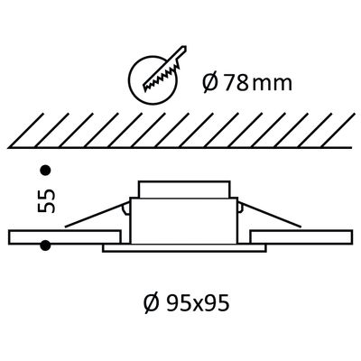 Technische Zeichnung einer quadratischen LED-Einbauleuchte: Durchmesser 95 mm, Tiefe 55 mm und Öffnungsgröße 78 mm.