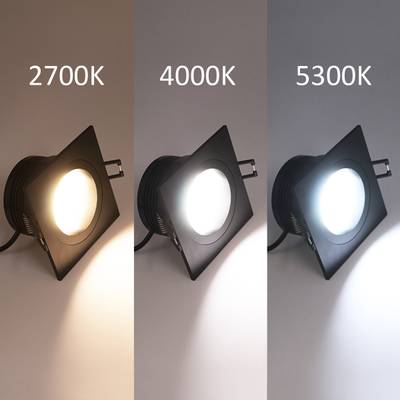 Drei quadratische LED-Leuchten mit unterschiedlichen Farbtemperaturen: 2700K (warm), 4000K (neutral) und 5300K (kalt).