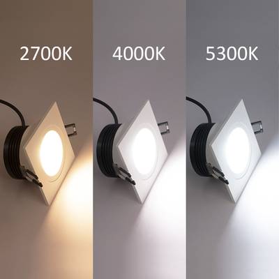 Drei LED-Lampen in quadratischen Leuchten mit Farbtemperaturen von 2700K warm, 4000K neutral und 5300K kalt bieten vielseitige Beleuchtungsmöglichkeiten.