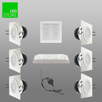 Quadratische LED-Einbauleuchten, Steuerschalter, Stromversorgung mit grauem Hintergrund und "LED Store"-Logo - Optimieren Sie Ihre Beleuchtungslösungen.