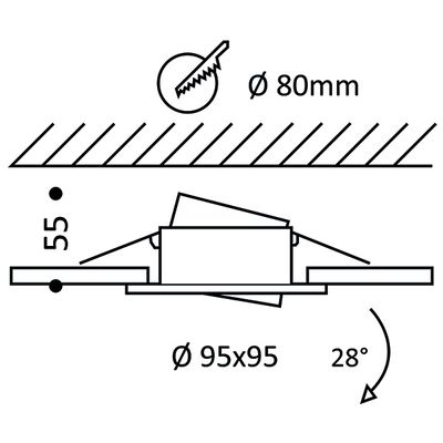 Verstellbare Deckeneinbauleuchte: 80 mm Öffnung, 95x95 mm Einbau, 55 mm Tiefe, 28° Winkelverstellung für LED-Beleuchtung Bewegung SEO.