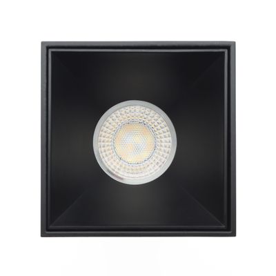 Alternativtext: quadratische Deckeneinbauleuchte, schwarzer Korpus, helles rundes LED-Leuchtmittel, ideal für moderne Innenarchitektur und energieeffiziente Beleuchtung.