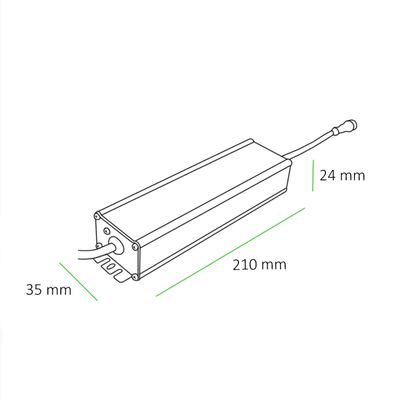 Strichzeichnung eines rechteckigen LED-Controllers, 210 mm x 35 mm x 24 mm, Kabel an einem Ende. Perfekt für kompakte Beleuchtungslösungen.