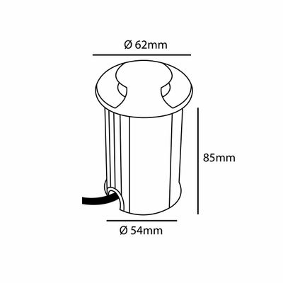 Strichzeichnung eines 85 mm hohen Zylinders mit Kabel, oberer Durchmesser 62 mm, unterer Durchmesser 54 mm; ideal als Designreferenz für LED-Leuchten.