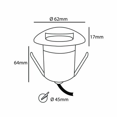 Diagramm mit den Abmessungen einer LED-Einbauleuchte: Durchmesser 62 mm, Höhe 64 mm, Tiefe 17 mm, Sockeldurchmesser 45 mm; inklusive zwei Federklemmen.