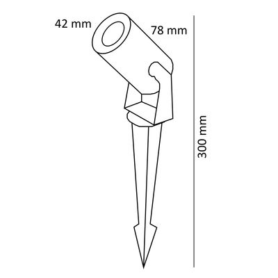 Abbildung einer LED-Leuchte mit den Abmessungen: Höhe 300 mm, Zylinderlänge 78 mm und Durchmesser 42 mm, ideal für die Beleuchtung von Gartenwegen.