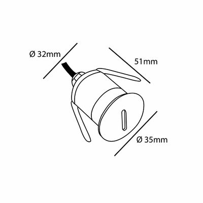 Bild einer zylindrischen LED-Leuchtstoffröhre mit geflügelten Rippen, mit den Abmessungen: Durchmesser 32 mm, Ausdehnung 35 mm und Länge 51 mm.