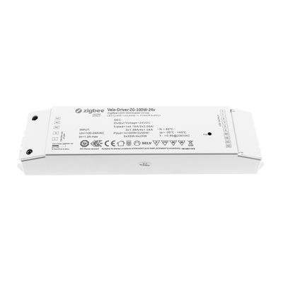 Abbildung des rechteckigen weißen Zigbee Light-Driver-ZG-100W-24V mit technischen Details, Logos und Zertifizierungssymbolen, ideal für LED-Beleuchtungslösungen.