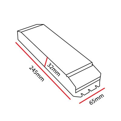 Strichzeichnung einer rechteckigen LED-Leuchte mit den Maßen 245 mm x 65 mm x 32 mm mit einem gestaffelten Detail an einem Ende zur Verbesserung des Designs.
