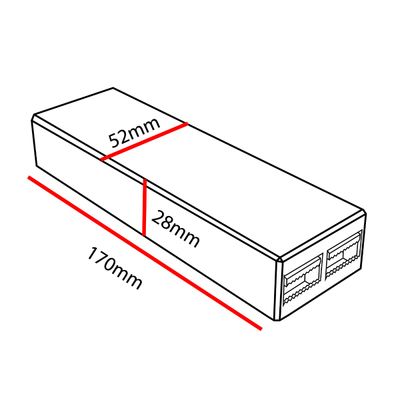 Isometrisches Bild eines 2-Port-Ethernet-Switches mit folgenden Abmessungen: 170 mm L, 52 mm L, 28 mm H; LED-Beleuchtung Shop SEO Fokus.