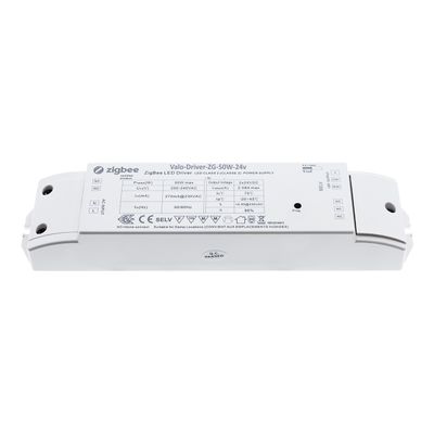 Rechteckiger Zigbee LED-Controller mit markierten Eingängen, Ausgängen, Modelldetails und Spezifikationen für intelligente Beleuchtungslösungen.