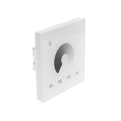 Elegantes weißes Touchpanel zur Steuerung von LED-Beleuchtung mit kreisförmiger Grafik und den Tasten S1, S2, S3, S4.