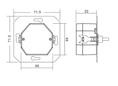 Technische Zeichnung einer Sechskantfassung mit den Maßen: 71,5 mm quadratische Grundfläche an der Vorderseite, 49 mm Tiefe von der Seite gesehen; LED-Beleuchtungselement.