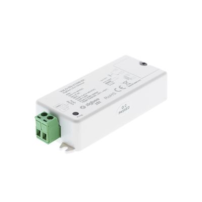 Rechteckiger weißer LED-Beleuchtungscontroller mit grünem Anschluss, der verschiedene Beschriftungen und Symbole für eine effiziente Verbindung und Steuerung anzeigt.