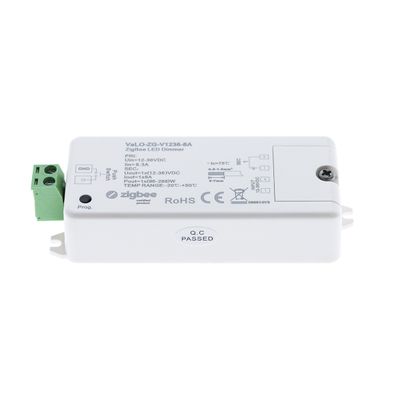 Weißer LED-Dimmer "YAlo-2G-V1236-8A" mit Zigbee; zeigt Verdrahtungsanschlüsse und Spezifikationen für eine optimierte Lichtsteuerung.
