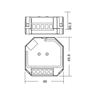 Technische Zeichnung eines achteckigen LED-Bauteils, Abmessungen: 45x45,5, Höhe 20,3. Die Draufsicht hat zwei Löcher und mehrere rechteckige Schlitze.