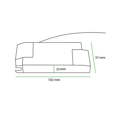 Geometrische Strichzeichnung mit den Maßen 102x25x37mm, mit schrägen Kanten. Ideal für LED-Beleuchtungsshops, SEO und Produktvisualisierung.