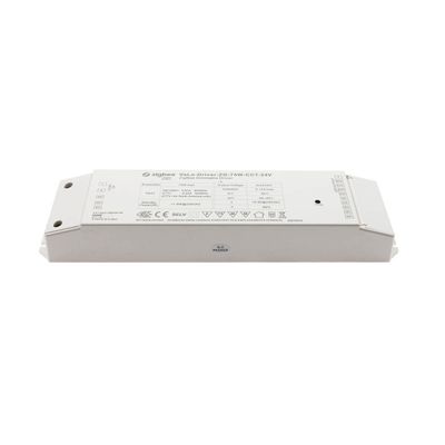 Rechteckiger weißer LED-Controller mit Anzeige von Eingangs-/Ausgangsdaten und Zertifizierungszeichen, ideal für energieeffiziente LED-Beleuchtungslösungen.