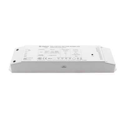 "Zigbee VaLo Driver - Ein weißes rechteckiges Gerät, das die Spezifikationen und Zertifizierungen von LED-Beleuchtungssystemen präsentiert.