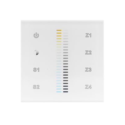 Das weiße digitale Touchpanel verfügt über eine Einschalttaste, S1- und S2-Sensoren und Z1-Z4-Zonendetektoren mit Farbverlaufsbalken zur Steuerung der LED-Beleuchtung.