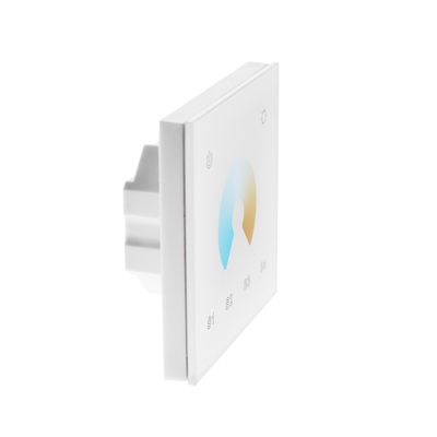 Intelligenter Lichtschalter: minimalistisches Design mit Kippschalter, Touch-Bedienelemente auf einer weißen, quadratischen Platte für moderne LED-Beleuchtungslösungen.
