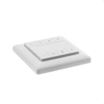 Intelligenter LED-Lichtschalter, wandmontierbar und weiß, mit mehreren Steuertasten für Strom, Helligkeit und Moduswahl.