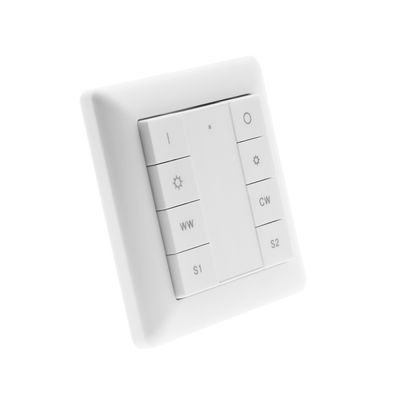 Wandschalter für LED-Beleuchtung: quadratisches, weißes Design mit Tasten für Dimmen, Farbtemperatur (WW/CW) und Stromfunktionen (I, O, S1, S2).