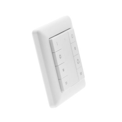 Intelligenter Schalter, weißes, quadratisches Design mit Sonne, Regentropfen, S1- und S2-Tasten; ideal für die Steuerung von LED-Beleuchtung; minimalistischer weißer Hintergrund.