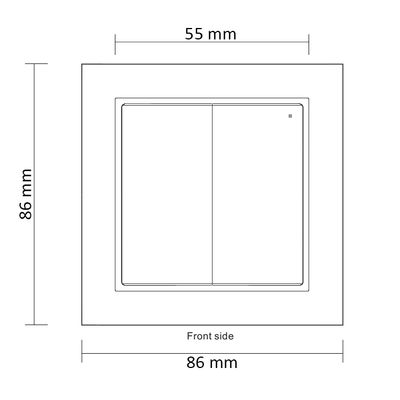 Schema eines quadratischen Lichtschalters, Abmessungen: Abdeckung 86x86mm, Schalterbreite 55mm; ideal für LED-Beleuchtungsanlagen.