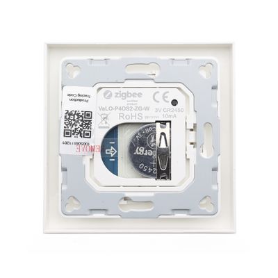 Draufsicht auf ein Smart Home-Gerät mit Zigbee-Logo, Batteriefach und QR-Code in einem quadratischen weißen Gehäuse.