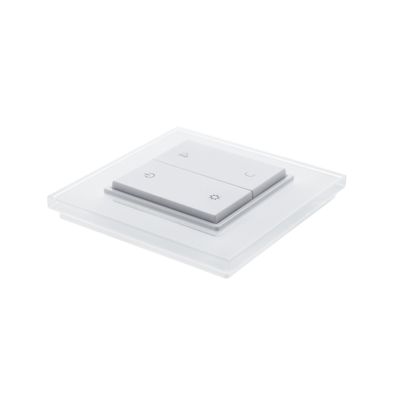 Weißer quadratischer Lichtschalter mit Mond- und Sonnensymbolen auf zwei Tasten, montiert auf einer klaren Kunststoffplatte. Ideal für die Steuerung von LED-Beleuchtung.