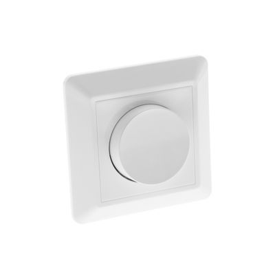 Dimmerschalter für LED-Beleuchtung; weiß, quadratisches rundes Zifferblatt, Wandmontage mit weißem Hintergrund. Ideal für die moderne Lichtsteuerung zu Hause.