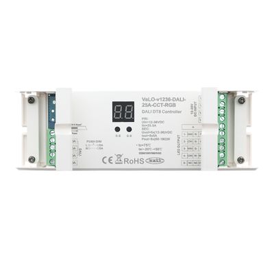 DALI DT8-Steuergerät mit digitaler Anzeige und Anschluss in weißem Gehäuse mit LED-Beleuchtungsanlage Spezifikationen.