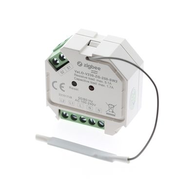 "Zigbee-Schaltmodul VaLV-230-ZG-250-SW2, weiß mit Reset-Taste und Kabelanschlüssen, weißer Hintergrund.