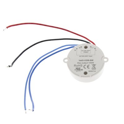 Kreisförmiges elektronisches Gerät mit angebrachten roten, schwarzen und blauen Drähten, die Spannungsinformationen und die RoHS-Zertifizierung für LED-Beleuchtung anzeigen.