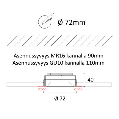 Schema der Einbauleuchte mit den Montageoptionen MR16 (90mm) und GU10 (110mm), beide 72mm Durchmesser, für die Installation von LED-Beleuchtung.