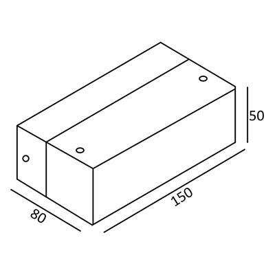 Isometrische Zeichnung eines rechteckigen Prismas mit den Maßen 80x150x50 mit kleinen kreisförmigen LED-Leuchten auf zwei Flächen zur Hervorhebung des Lichtdesigns.