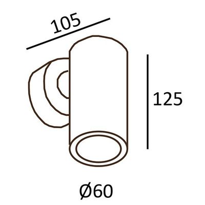 Schema einer zylindrischen LED-Leuchte mit folgenden Abmessungen: Länge 105 mm, Höhe 125 mm und Durchmesser 60 mm.