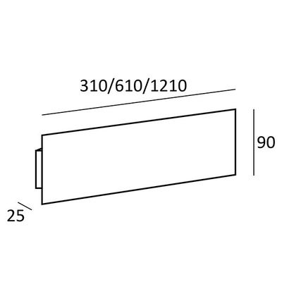 Diagramm mit den Abmessungen eines rechteckigen LED-Leuchtkastens: Länge 310, 610, 1210 mm; Höhe 90 mm; Tiefe 25 mm - ideal für effiziente Beleuchtungslösungen.