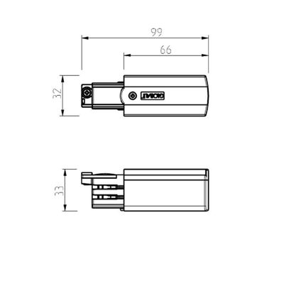 Technische Zeichnung des elektrischen Bauteils einer LED-Leuchte, Abmessungen 99x32x33mm. Markierte Details mit Seitenansicht zur Verdeutlichung.