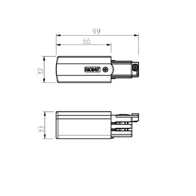 Technische Zeichnung einer LED-Leuchte mit den Abmessungen: oben 99mm x 66mm, seitlich 32mm x 33mm.