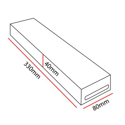 rechteckige 3D-LED-Leuchte: Abmessungen 330mm x 80mm x 40mm, mit einer Öffnung an einem Ende für Anschlüsse oder Montage.