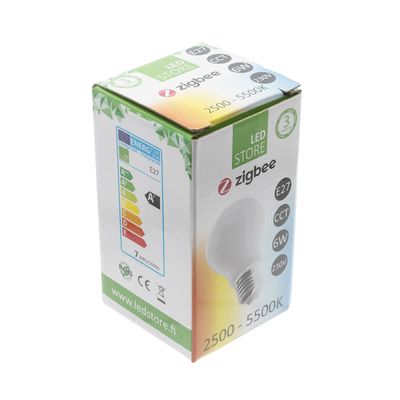 Box mit Zigbee LED-Glühbirnen, E27-Fassung, energieeffizient, Farbtemperatur 2500-5500K, ideal für intelligente Beleuchtungslösungen.