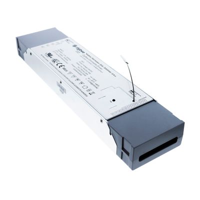 LED-Controller mit grauem Gehäuse, Zertifizierungssymbolen und Antenne; perfekt für die effiziente Leistungssteuerung in der LED-Beleuchtung.