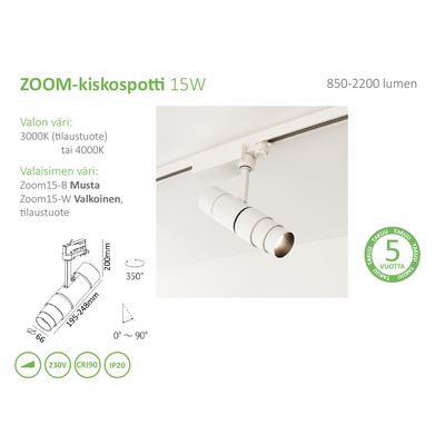 Stromschienenbeleuchtung auf Englisch: eine weiße Zylinderleuchte an einer Schiene, mit Angaben zu Leistung, Farbtemperatur und Lumen.