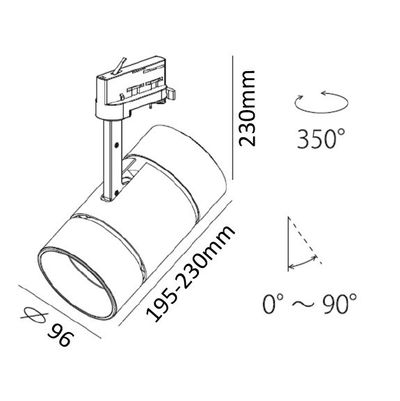 Technisches Schema einer zylindrischen LED-Deckenleuchte mit Dreh- und Neigungswinkeln; Abmessungen: 230 mm hoch, 195-230 mm breit, 96 mm Durchmesser.