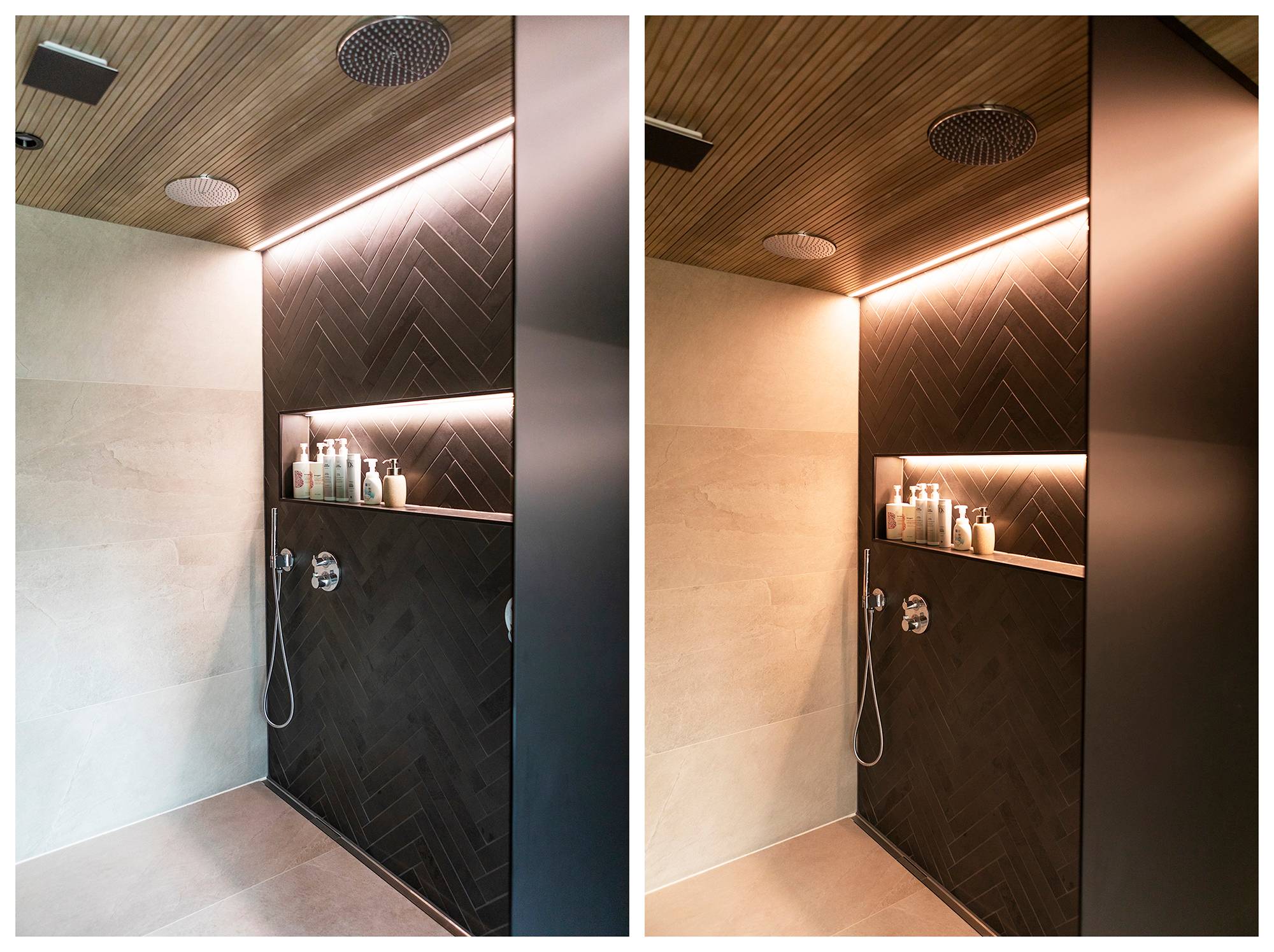 Ein spektakuläres Fischglas und ein Shampoo-Regal im Badezimmer werden durch ein LED-Band akzentuiert