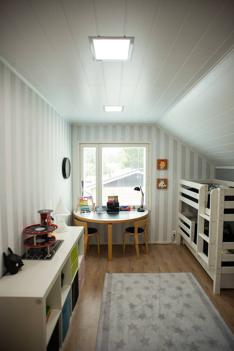 Kinderzimmerbeleuchtung - Deckenbeleuchtung mit farbtemperaturgesteuerten LED-Panel-Leuchten. Neutrales 4000K-Licht ist das farbloseste Licht, das möglich ist. Ledstore.fi