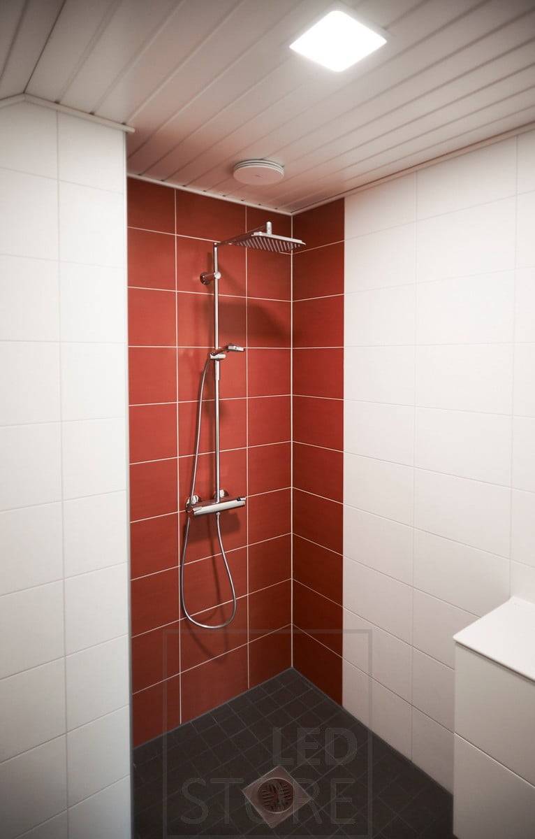 Badezimmerbeleuchtung mit Led-Paneel. Die Vielseitigkeit des Einsatzes von Led-Panels wird dadurch erhöht, dass die Led-Panel-Leuchten von LedStore feuchtigkeitsgeschützt (IP44 und IP54) und dimmbar sind. Ledstore.fi